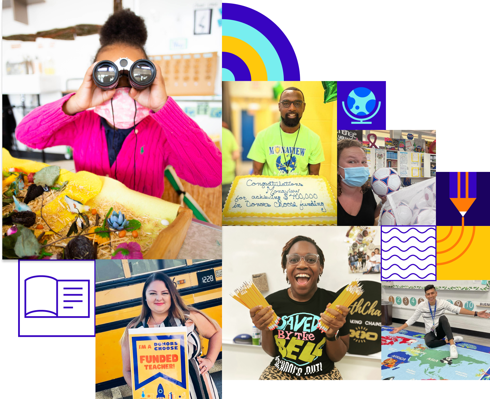 photos in a grid of students and teachers smiling with school supplies